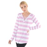 Horizontal Stripes - White and Classic Rose Pink Women s Tie Up Tee