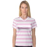 Horizontal Stripes - White and Classic Rose Pink Women s V-Neck Sport Mesh Tee