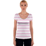 Horizontal Stripes - White and Classic Rose Pink Women s V-Neck Cap Sleeve Top