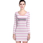 Horizontal Stripes - White and Classic Rose Pink Long Sleeve Velvet Bodycon Dress