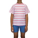 Horizontal Stripes - White and Pastel Pink Kid s Short Sleeve Swimwear