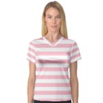 Horizontal Stripes - White and Pink Women s V-Neck Sport Mesh Tee