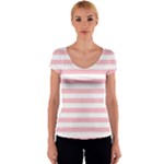 Horizontal Stripes - White and Pink Women s V-Neck Cap Sleeve Top