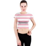 Horizontal Stripes - White and Cherry Blossom Pink Crew Neck Crop Top