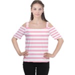 Horizontal Stripes - White and Cherry Blossom Pink Women s Cutout Shoulder Tee