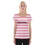 Horizontal Stripes - White and Flamingo Pink Women s Cap Sleeve Top
