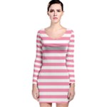 Horizontal Stripes - White and Flamingo Pink Long Sleeve Velvet Bodycon Dress