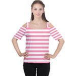 Horizontal Stripes - White and Flamingo Pink Women s Cutout Shoulder Tee
