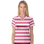 Horizontal Stripes - White and Dark Pink Women s V-Neck Sport Mesh Tee