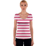 Horizontal Stripes - White and Dark Pink Women s V-Neck Cap Sleeve Top