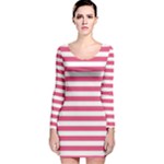 Horizontal Stripes - White and Dark Pink Long Sleeve Velvet Bodycon Dress