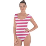 Horizontal Stripes - White and Dark Pink Short Sleeve Leotard (Ladies)