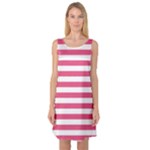 Horizontal Stripes - White and Dark Pink Sleeveless Satin Nightdress