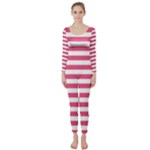 Horizontal Stripes - White and Dark Pink Long Sleeve Catsuit