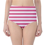 Horizontal Stripes - White and Dark Pink High-Waist Bikini Bottoms