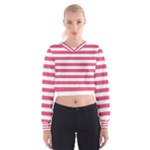 Horizontal Stripes - White and Dark Pink Women s Cropped Sweatshirt