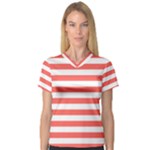 Horizontal Stripes - White and Pastel Red Women s V-Neck Sport Mesh Tee