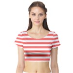 Horizontal Stripes - White and Pastel Red Short Sleeve Crop Top (Tight Fit)