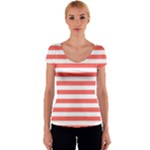 Horizontal Stripes - White and Pastel Red Women s V-Neck Cap Sleeve Top