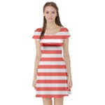 Horizontal Stripes - White and Pastel Red Short Sleeve Skater Dress