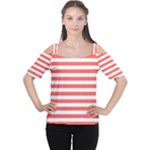 Horizontal Stripes - White and Pastel Red Women s Cutout Shoulder Tee
