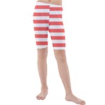 Horizontal Stripes - White and Pastel Red Kid s Mid Length Swim Shorts