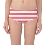 Horizontal Stripes - White and Pastel Red Mid-Waist Bikini Bottoms
