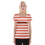 Horizontal Stripes - White and Tomato Red Women s Cap Sleeve Top