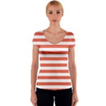 Horizontal Stripes - White and Tomato Red Women s V-Neck Cap Sleeve Top