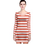 Horizontal Stripes - White and Tomato Red Long Sleeve Bodycon Dress