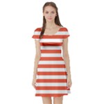 Horizontal Stripes - White and Tomato Red Short Sleeve Skater Dress