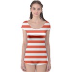 Horizontal Stripes - White and Tomato Red Boyleg Leotard (Ladies)