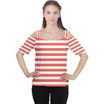 Horizontal Stripes - White and Tomato Red Women s Cutout Shoulder Tee