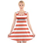 Horizontal Stripes - White and Tomato Red V-Neck Sleeveless Dress