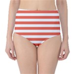 Horizontal Stripes - White and Tomato Red High-Waist Bikini Bottoms