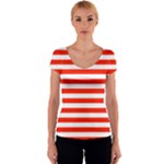 Horizontal Stripes - White and Ferrari Red Women s V-Neck Cap Sleeve Top