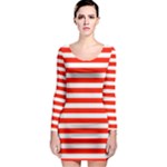 Horizontal Stripes - White and Ferrari Red Long Sleeve Bodycon Dress