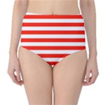 Horizontal Stripes - White and Ferrari Red High-Waist Bikini Bottoms