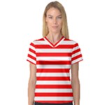 Horizontal Stripes - White and Red Women s V-Neck Sport Mesh Tee
