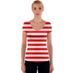 Horizontal Stripes - White and Red Women s V-Neck Cap Sleeve Top