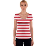 Horizontal Stripes - White and Alizarin Red Women s V-Neck Cap Sleeve Top