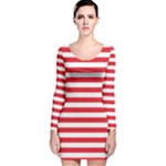 Horizontal Stripes - White and Alizarin Red Long Sleeve Velvet Bodycon Dress