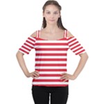 Horizontal Stripes - White and Alizarin Red Women s Cutout Shoulder Tee