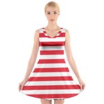 Horizontal Stripes - White and Alizarin Red V-Neck Sleeveless Dress