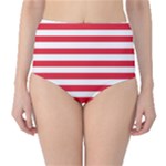 Horizontal Stripes - White and Alizarin Red High-Waist Bikini Bottoms