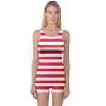 Horizontal Stripes - White and Alizarin Red One Piece Boyleg Swimsuit