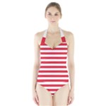 Horizontal Stripes - White and Alizarin Red Women s Halter One Piece Swimsuit