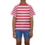 Horizontal Stripes - White and Alizarin Red Kid s Short Sleeve Swimwear