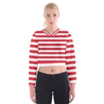 Horizontal Stripes - White and Alizarin Red Women s Cropped Sweatshirt