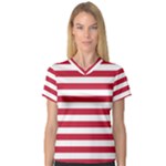 Horizontal Stripes - White and Cardinal Red Women s V-Neck Sport Mesh Tee